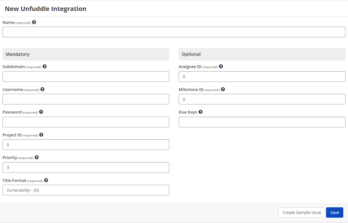Unfuddle integration configuration form showing mandatory fields for subdomain, username, password, and project settings