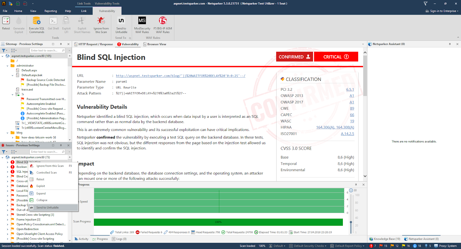 Invicti Standard scan results view showing vulnerabilities ready for export to Unfuddle