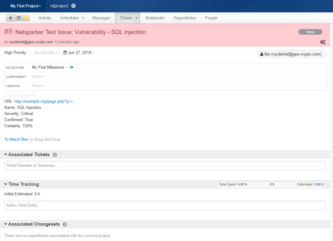Unfuddle test connection dialog showing Create Sample Issue confirmation and results