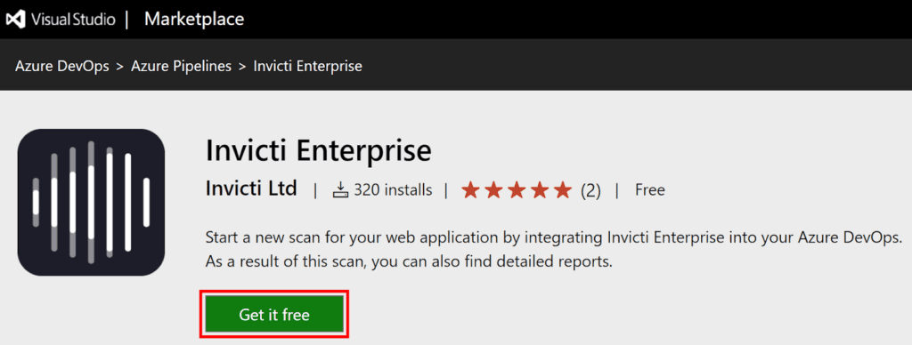 Visual Studio Marketplace page for Invicti Enterprise extension with Get it free button