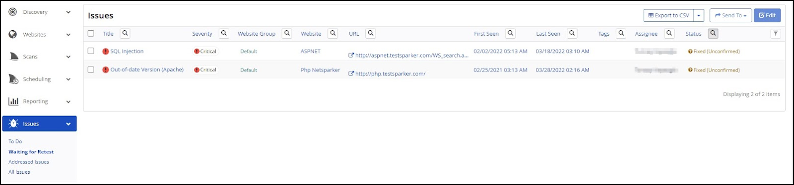 Invicti Enterprise Issues page showing vulnerabilities waiting for retest after webhook trigger from Azure Boards