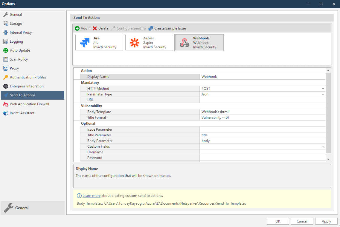 Add dropdown menu showing Webhook option selection for integration configuration
