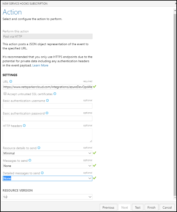 Azure Boards webhook configuration showing URL field and action settings for Invicti Enterprise integration
