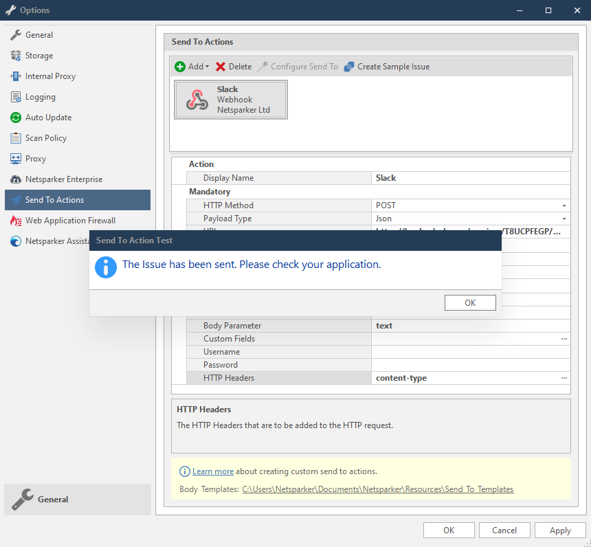 Create Sample Issue button and test confirmation dialog for webhook connection verification