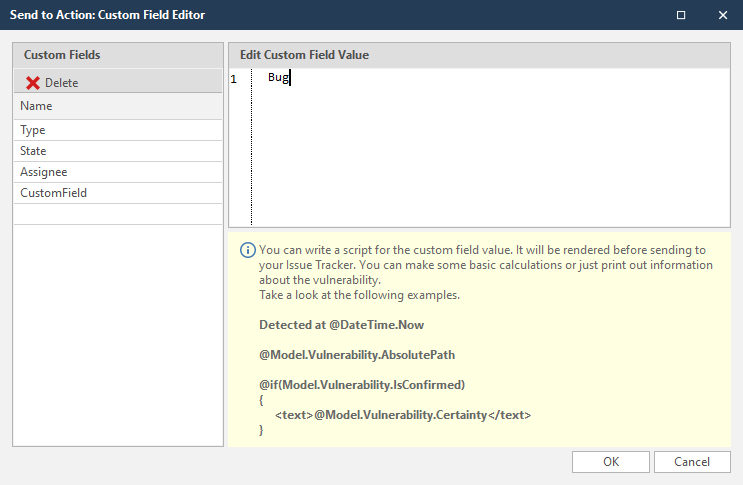 YouTrack custom fields editor dialog showing sample field configurations for Priority, Type, State, and Due Date