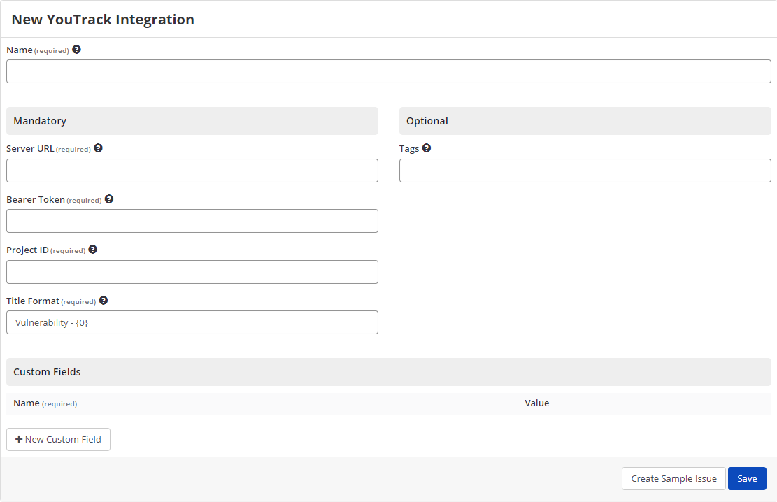 YouTrack integration selection in Issue Tracking Systems section showing YouTrack option