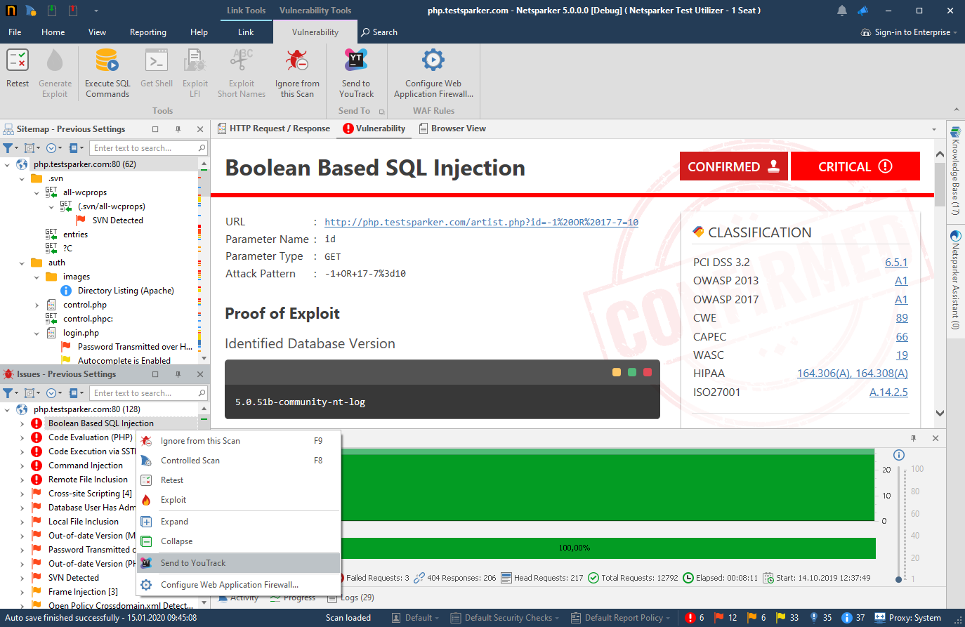 Invicti Standard scan results view showing vulnerabilities ready for export to YouTrack
