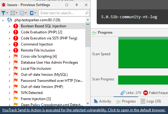 Invicti Standard scan results view showing vulnerabilities ready for export to YouTrack