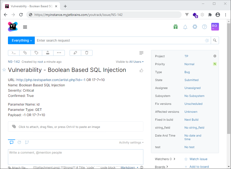 Invicti Standard scan results view showing vulnerabilities ready for export to YouTrack