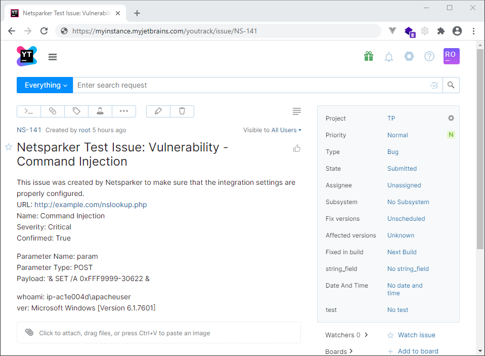 YouTrack test connection dialog showing Create Sample Issue confirmation and results
