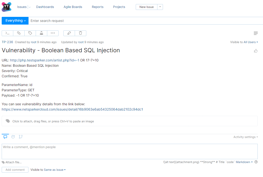 YouTrack vulnerability export interface showing issue selection and Send To YouTrack options in Invicti Enterprise