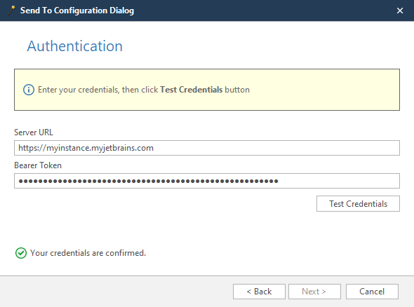 YouTrack wizard authentication step showing Server URL and Bearer Token fields with Test Credentials button