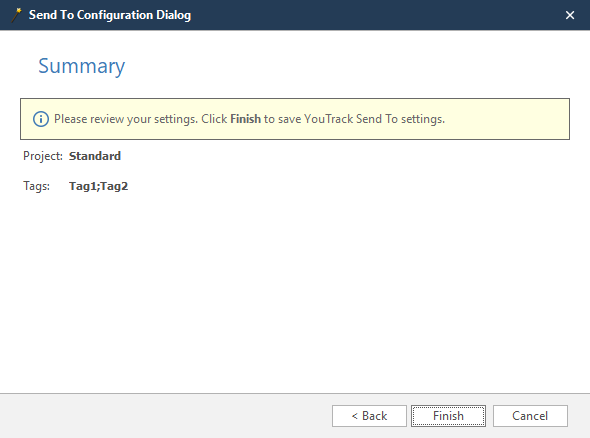 YouTrack wizard summary step showing review of all configured settings with Finish button
