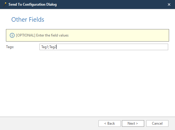 YouTrack wizard tags configuration step showing Tags field for optional tag assignment