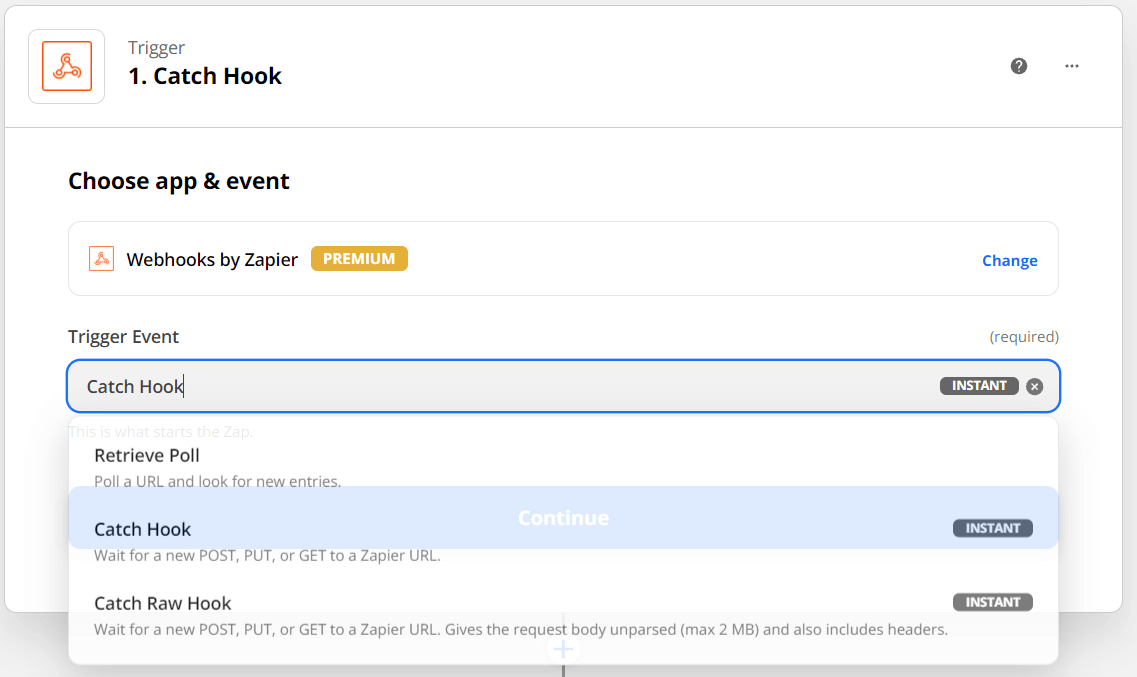 Zapier Catch Hook configuration