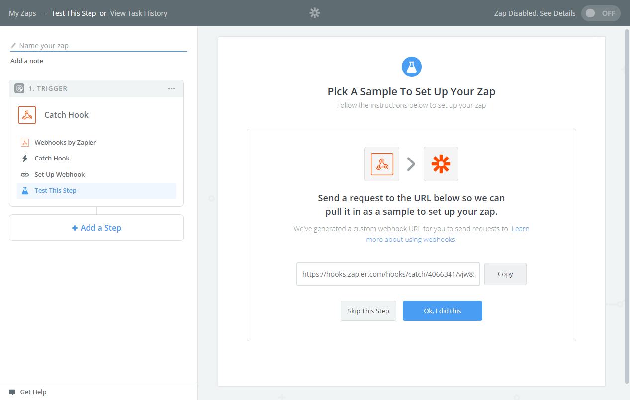 Zapier Catch Hook configuration showing generated webhook URL for copying
