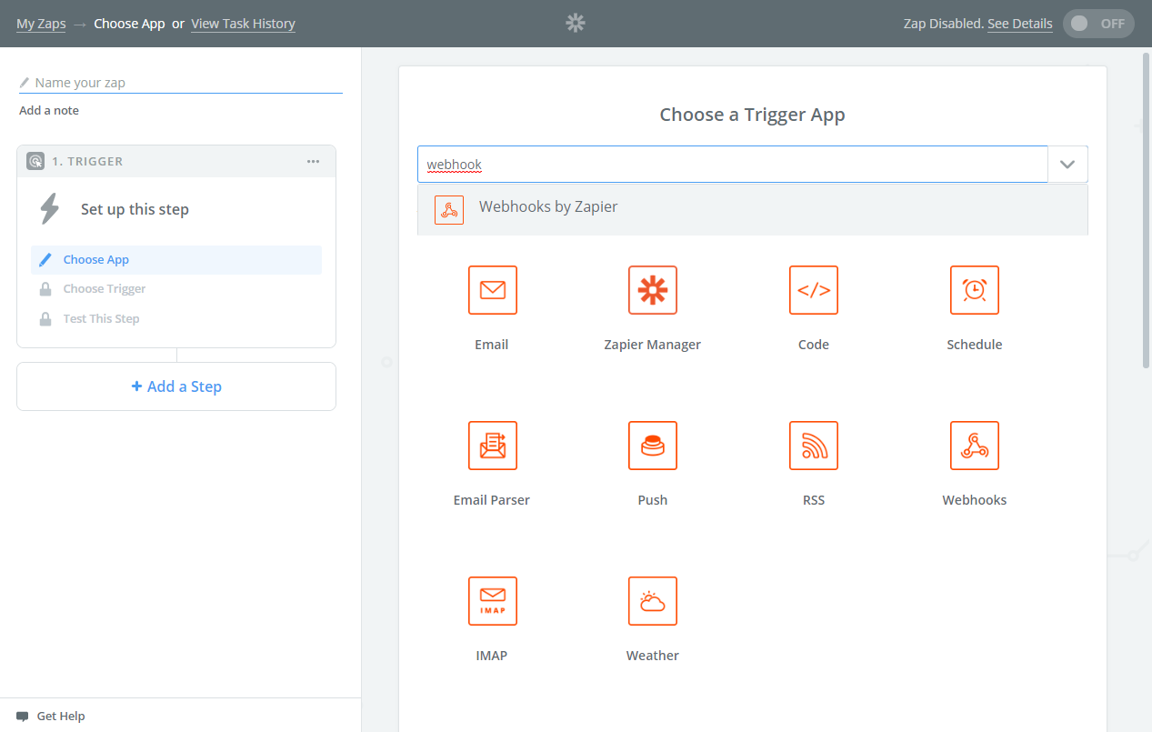 Zapier interface showing Make a Zap button and webhook search functionality