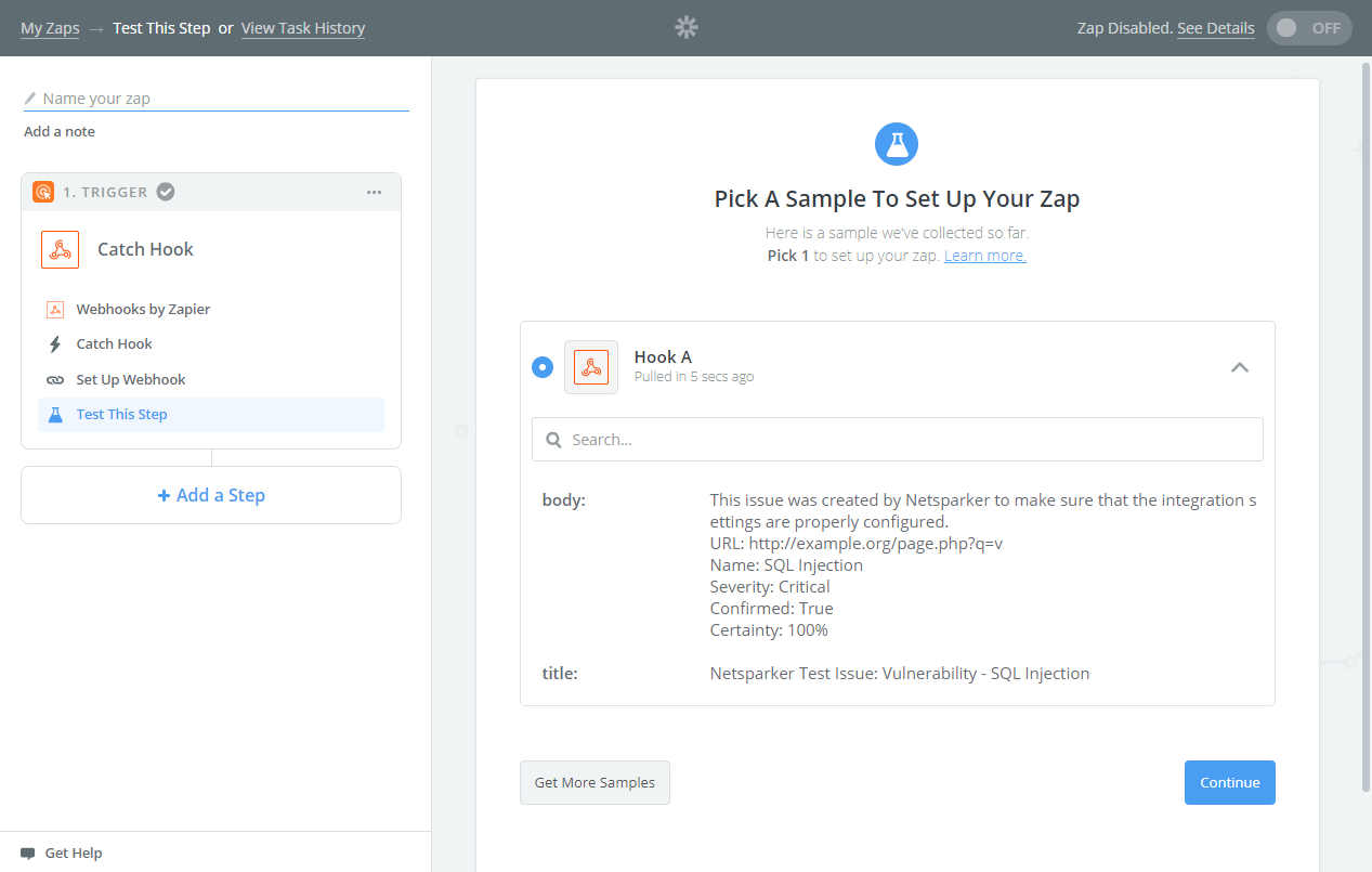 Zapier interface showing received sample data with body and title fields after test