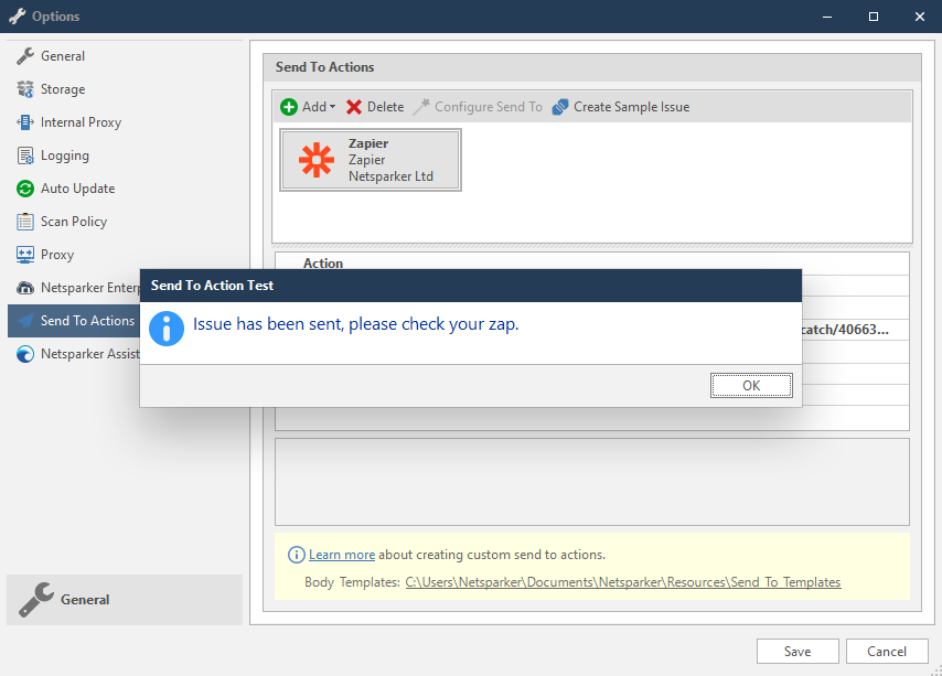 Create Sample Issue button and test dialog for Zapier connection verification
