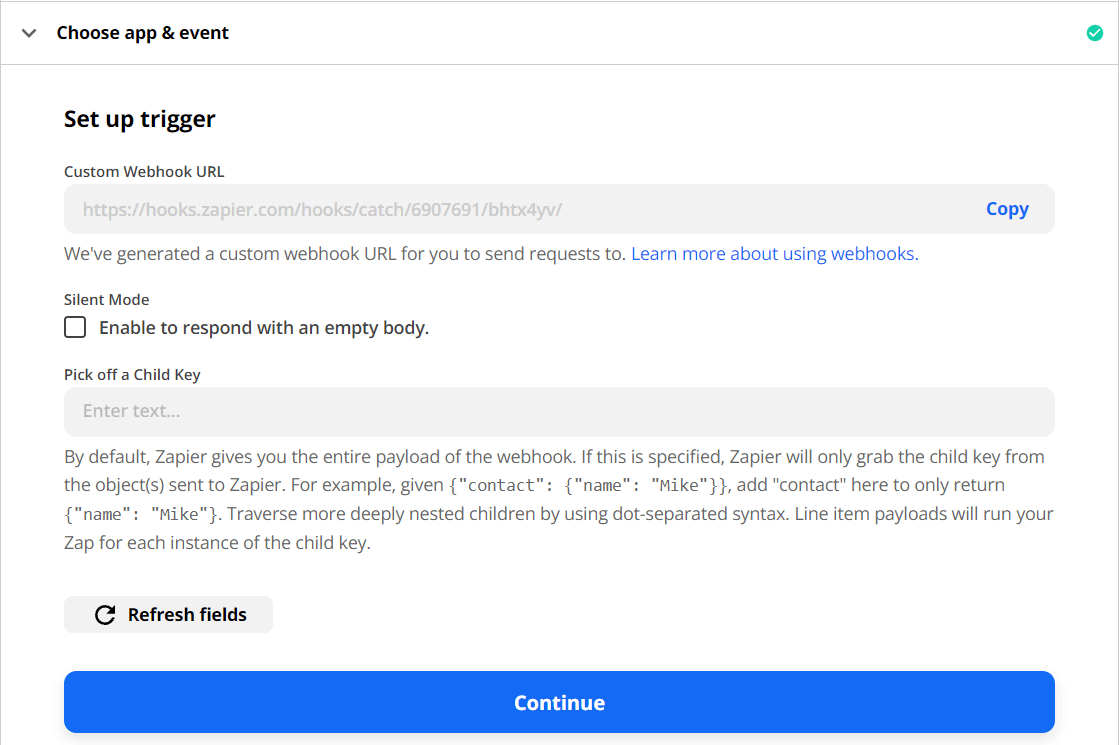 Zapier webhook URL generation