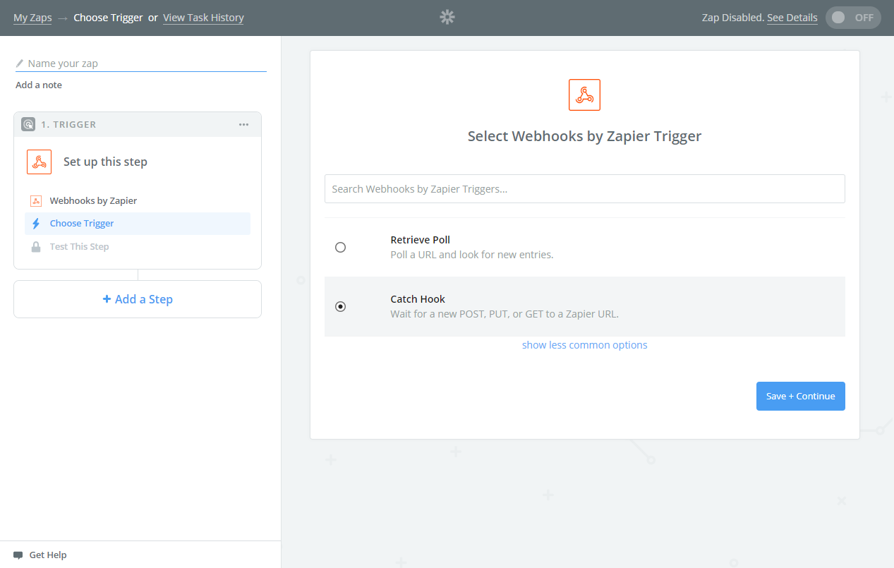 Zapier search results showing WebHooks option selection