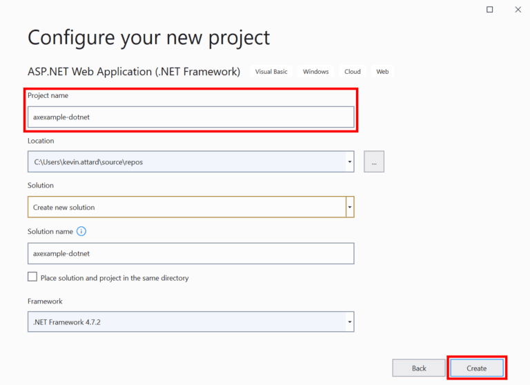 Configure your new project in Visual Studio.