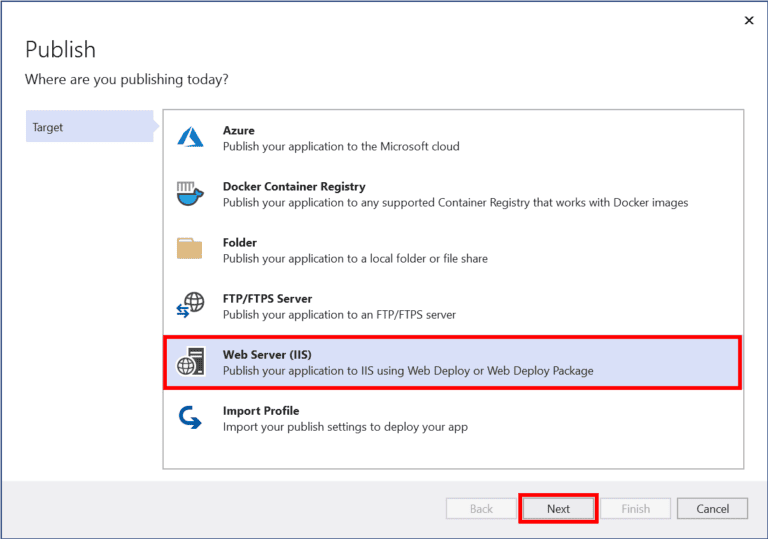 Publish as Web Server (IIS).