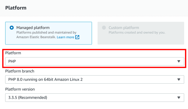 PHP settings for the new environment in AWS Elastic Beanstalk.
