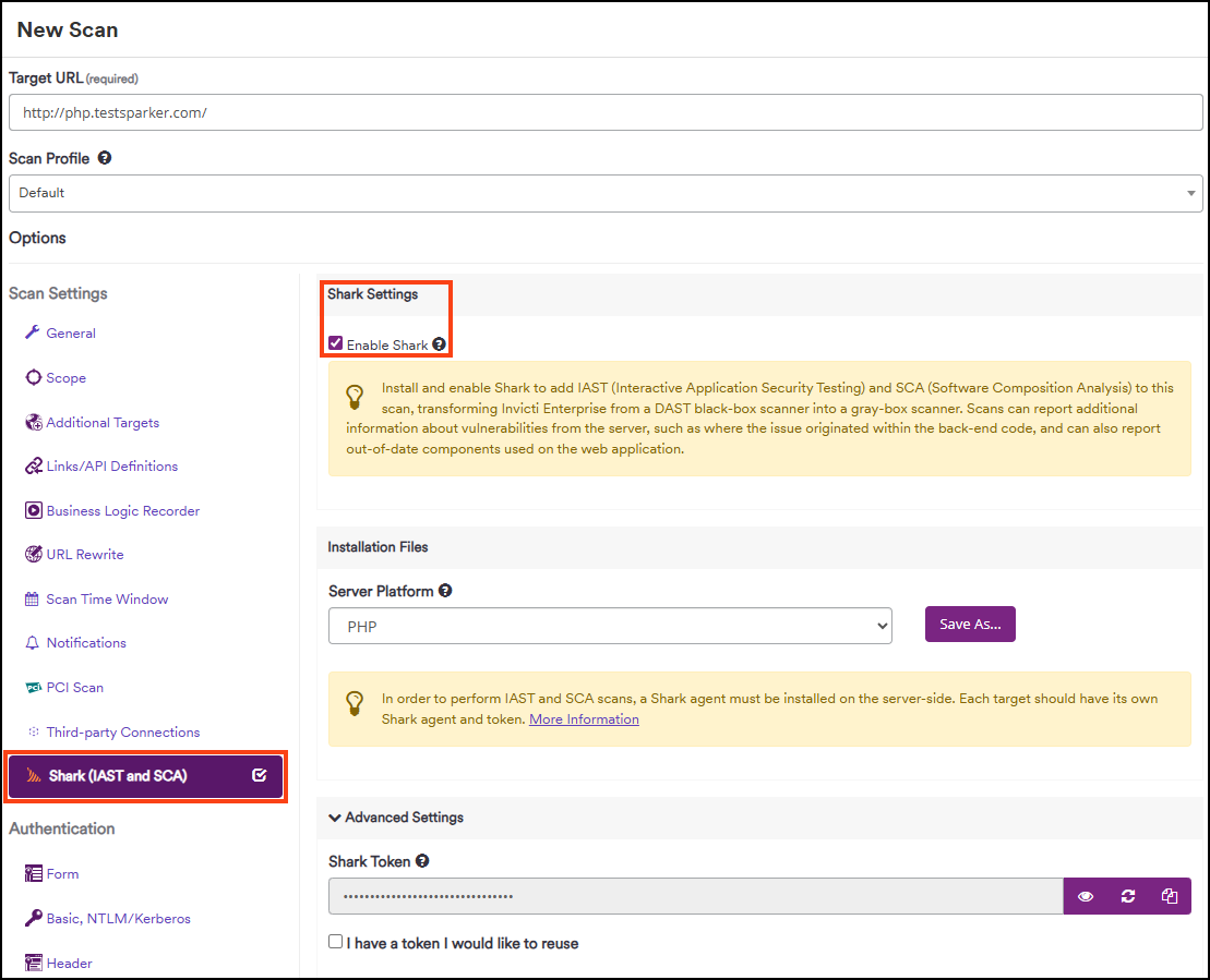 Enabling Shark in scan settings.