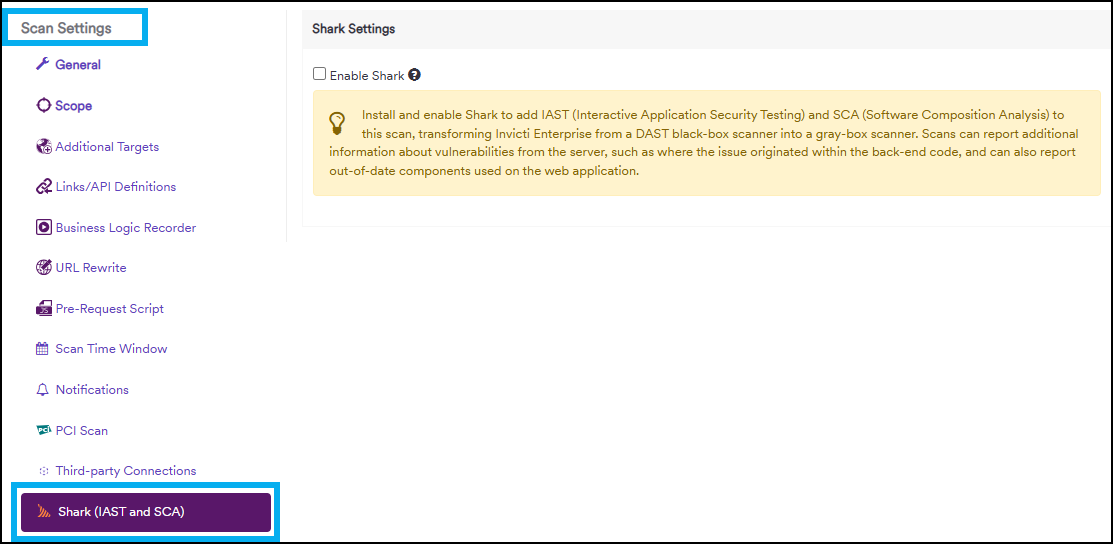 Shark IAST and SCA tab in Scan Settings.