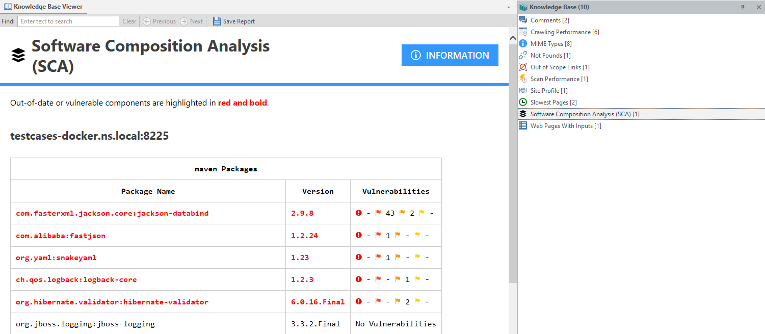 SCA results in Knowledge Base in Invicti Standard.