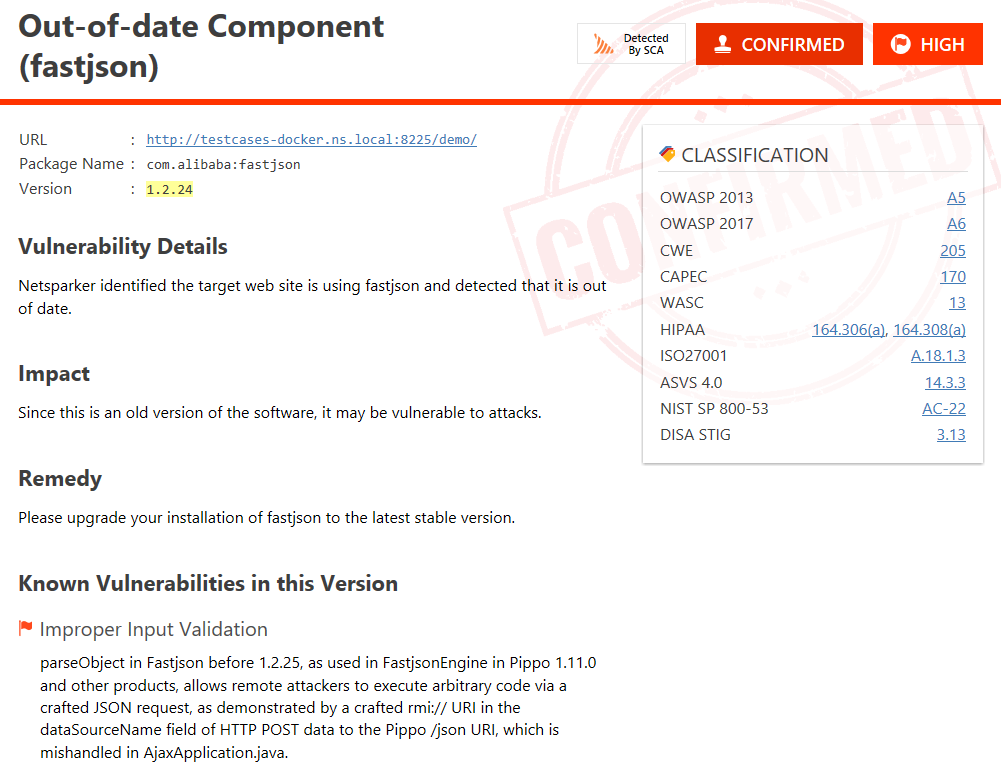 SCA results in Invicti Standard issues panel.