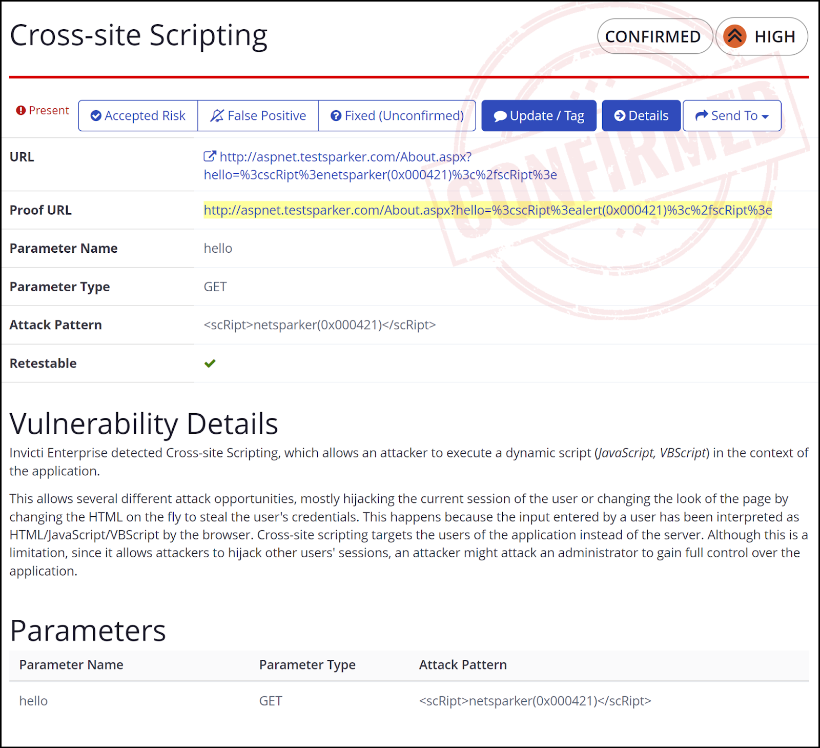 Example of a high severity vulnerability report