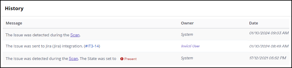 History log showing issues sent to tracking system