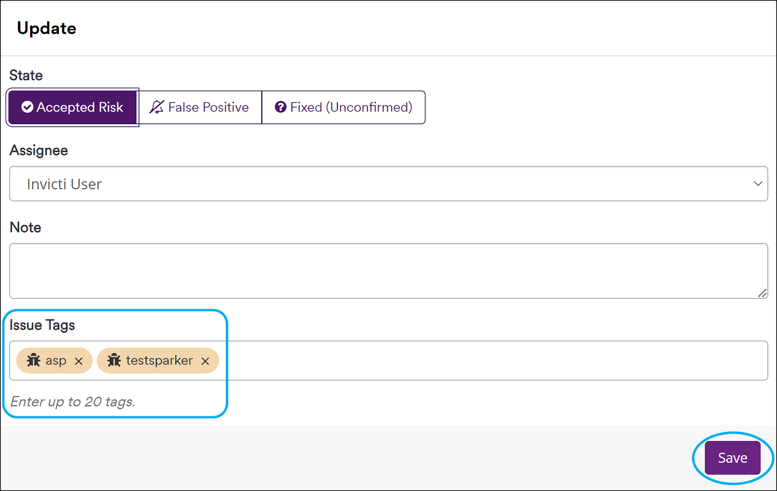 Issue Tags field in Update section