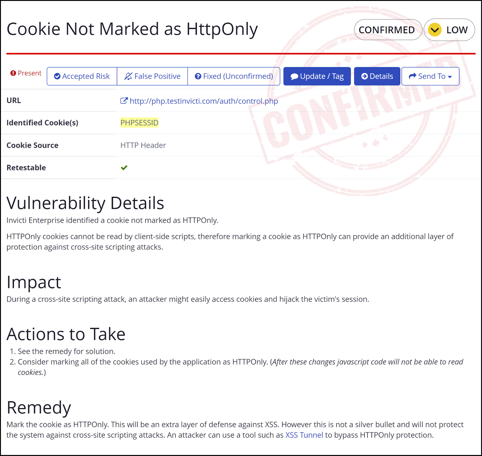 Example of a low severity vulnerability report