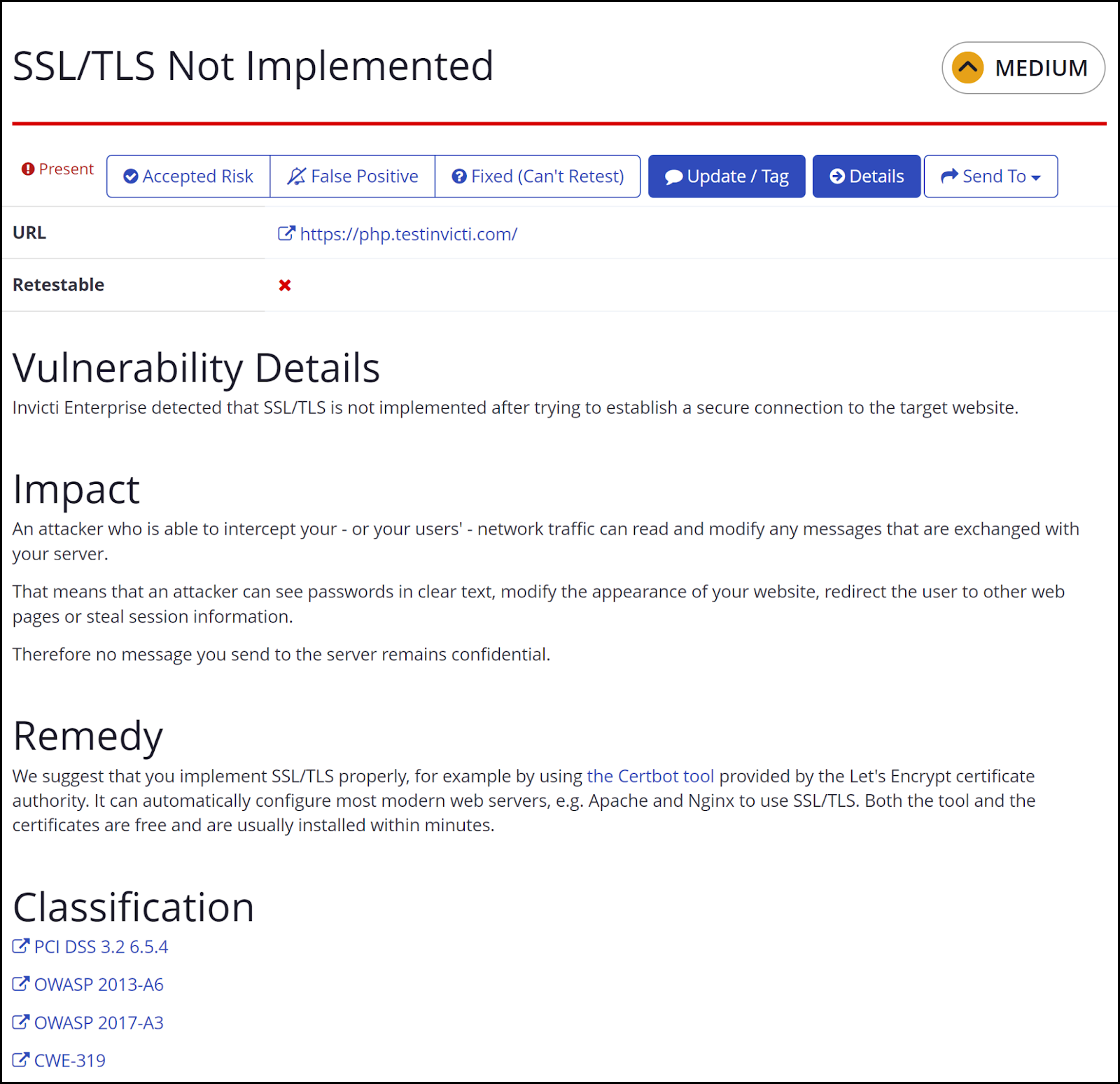 Example of a medium severity vulnerability report