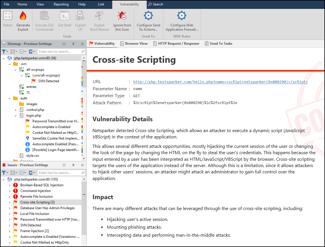Select XSS or CSRF vulnerability from Sitemap or Issues panel
