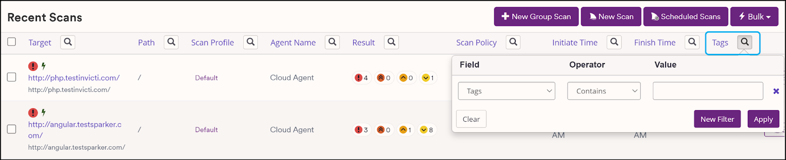 Tags column with hover view