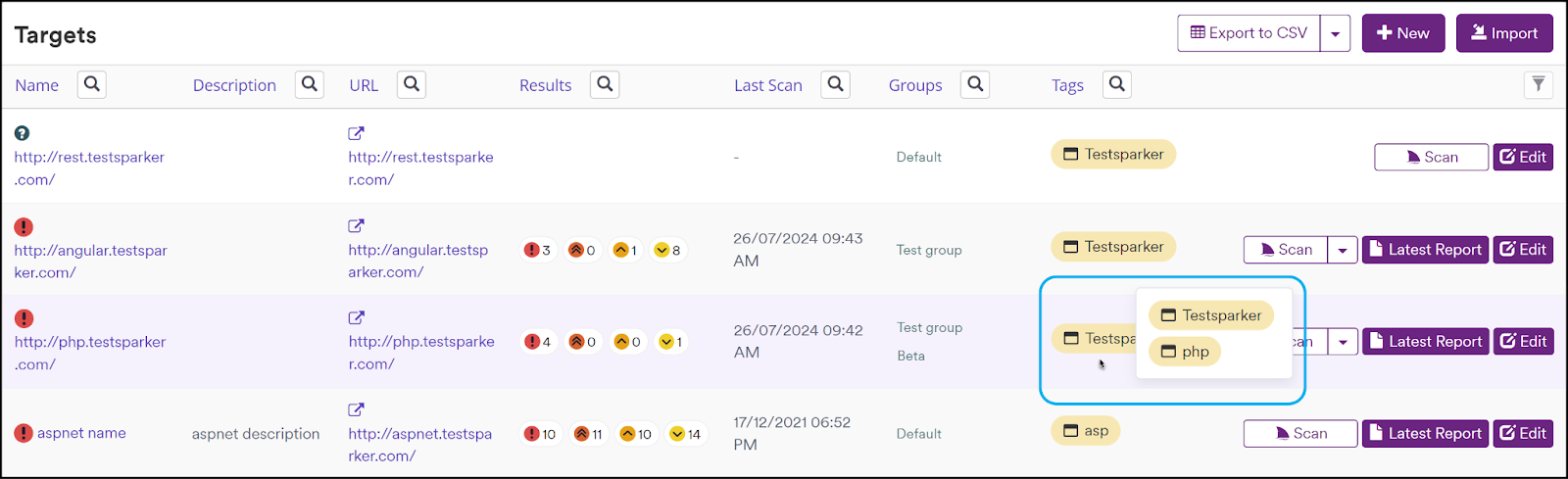 Tags field when adding a target