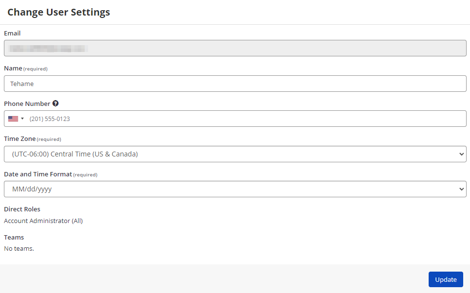 Change User Settings window showing phone number configuration with country flag selection
