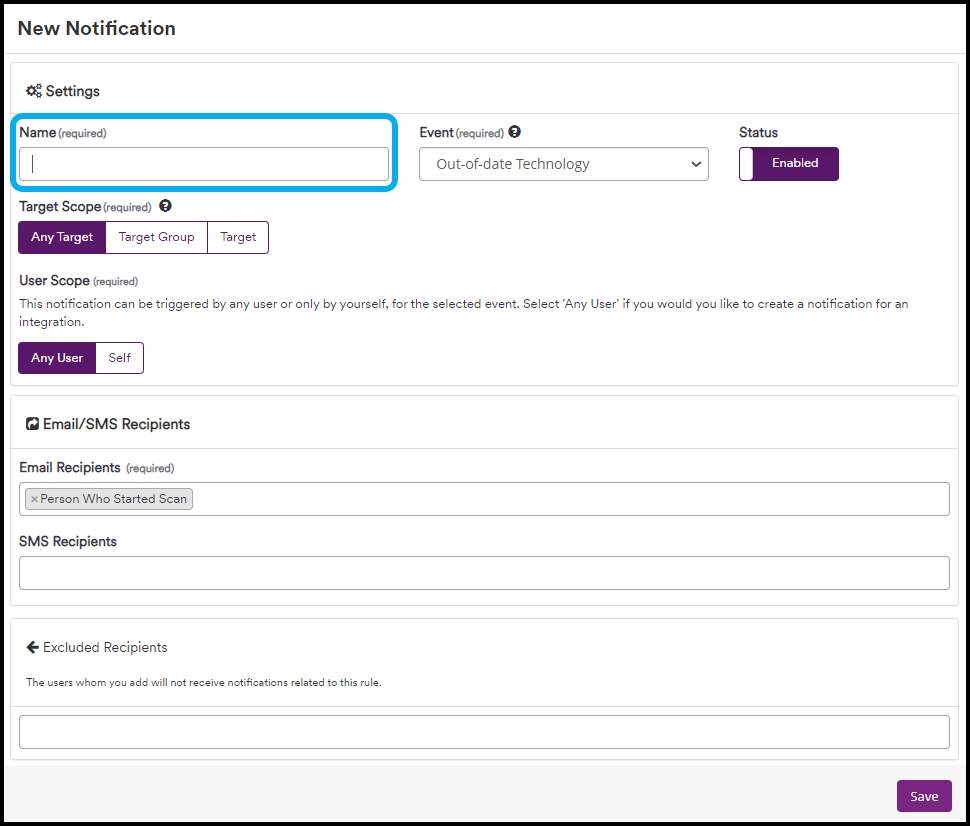Clone notification dialog box with name field and configuration options