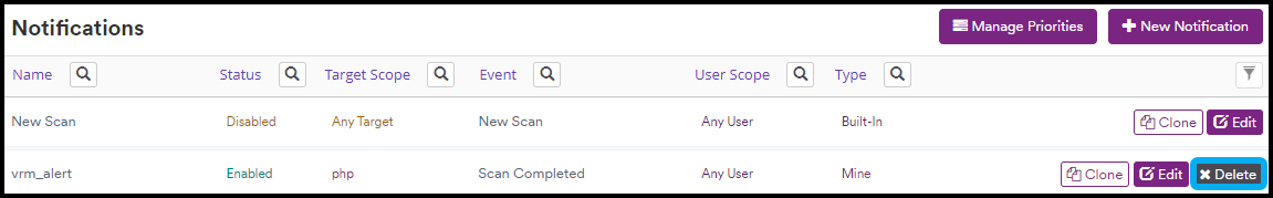 Manage Notifications page with Delete button highlighted next to a notification entry
