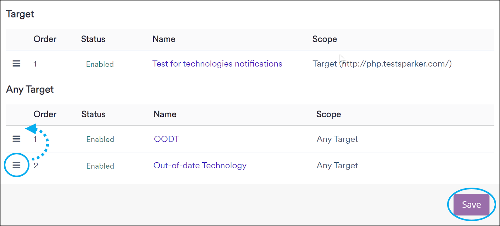 Notification list with drag and drop handles for reordering notification priorities