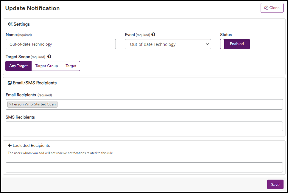 Edit notification form showing various configuration fields and options
