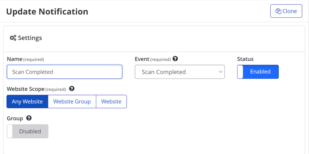 Manage Notifications page showing Edit option for Scan Completed notifications