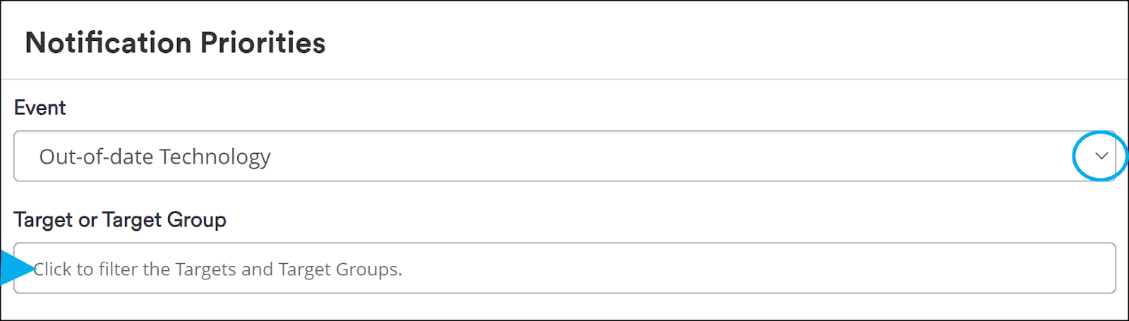 Manage Priorities page showing Event dropdown and Target/Target Group filter fields