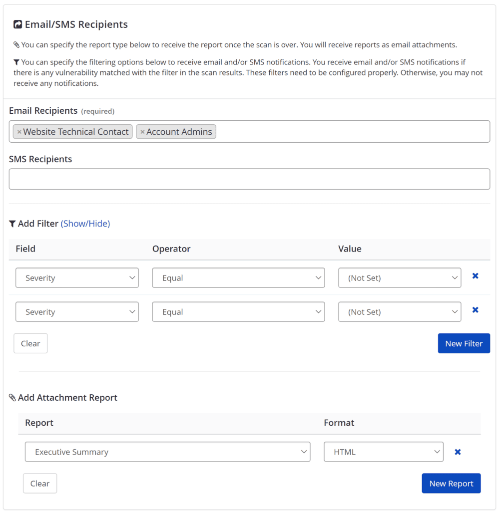 Add Filter and Add Attachment Report options activated for Scan Completed event