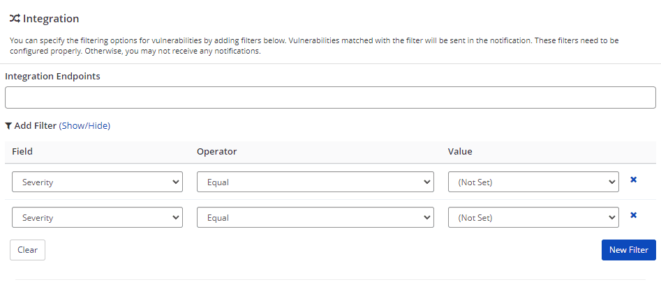 Integration Endpoints section showing available integrations and filter options