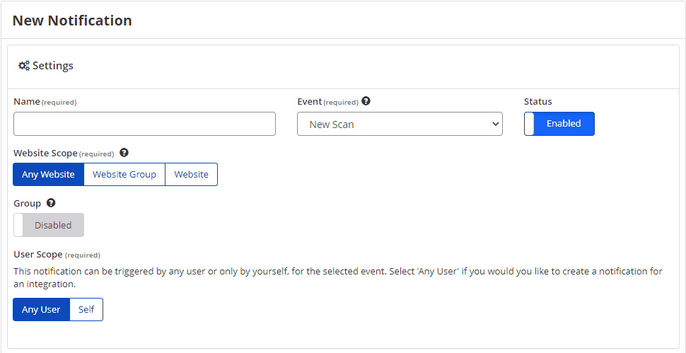 Invicti Enterprise main menu showing Notifications and New Notification option
